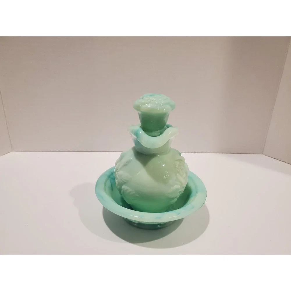 Vintage AVON Turquoise Green Milk Glass Cruet W/Embossed Rose Pattern & Stopper